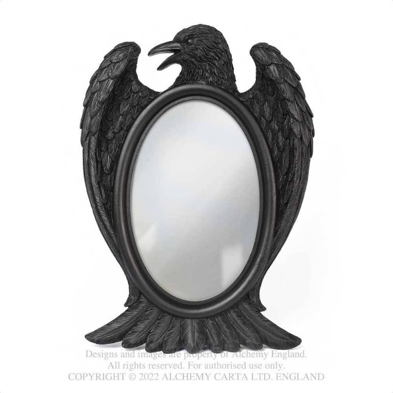 Schwarzer Spiegel Black Raven Mirror mit realistisch gestaltetem schwarzem Raben von Alchemy England