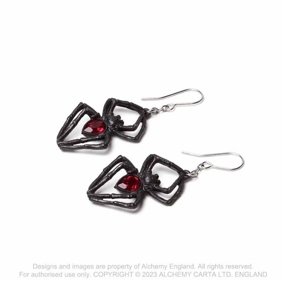 Schwarze, spinnenförmige Black-Widow Ohrringe mit rotem Kristall von Alchemy England