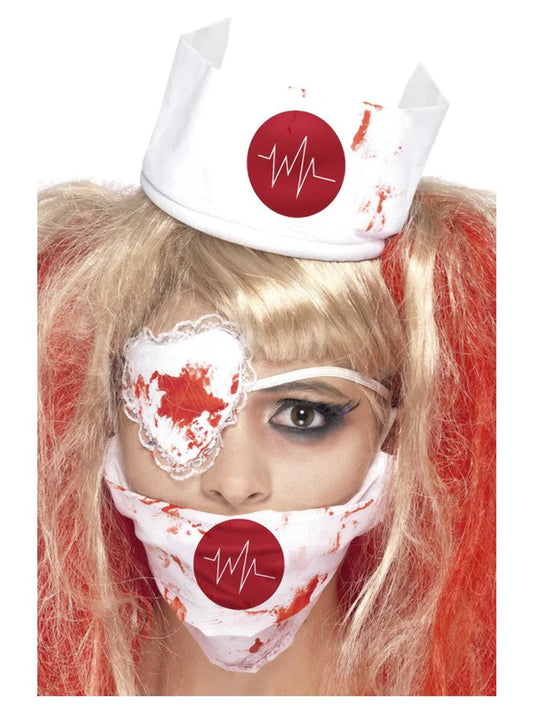 Blutige Krankenschwester-Accessoires Bloody Nurse Kit, enthält Maske, Kappe und Augenklappe von Smiffys