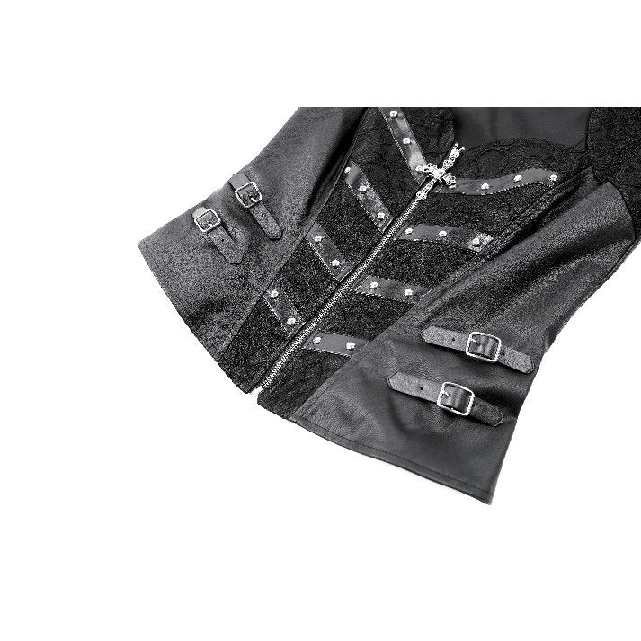 Schwarzes, enges Oberteil Crucifix Armor Corset Top mit Kreuzereißverschluss und nietenbesetzten Riemen von Dark In Love