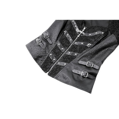 Schwarzes, enges Oberteil Crucifix Armor Corset Top mit Kreuzereißverschluss und nietenbesetzten Riemen von Dark In Love