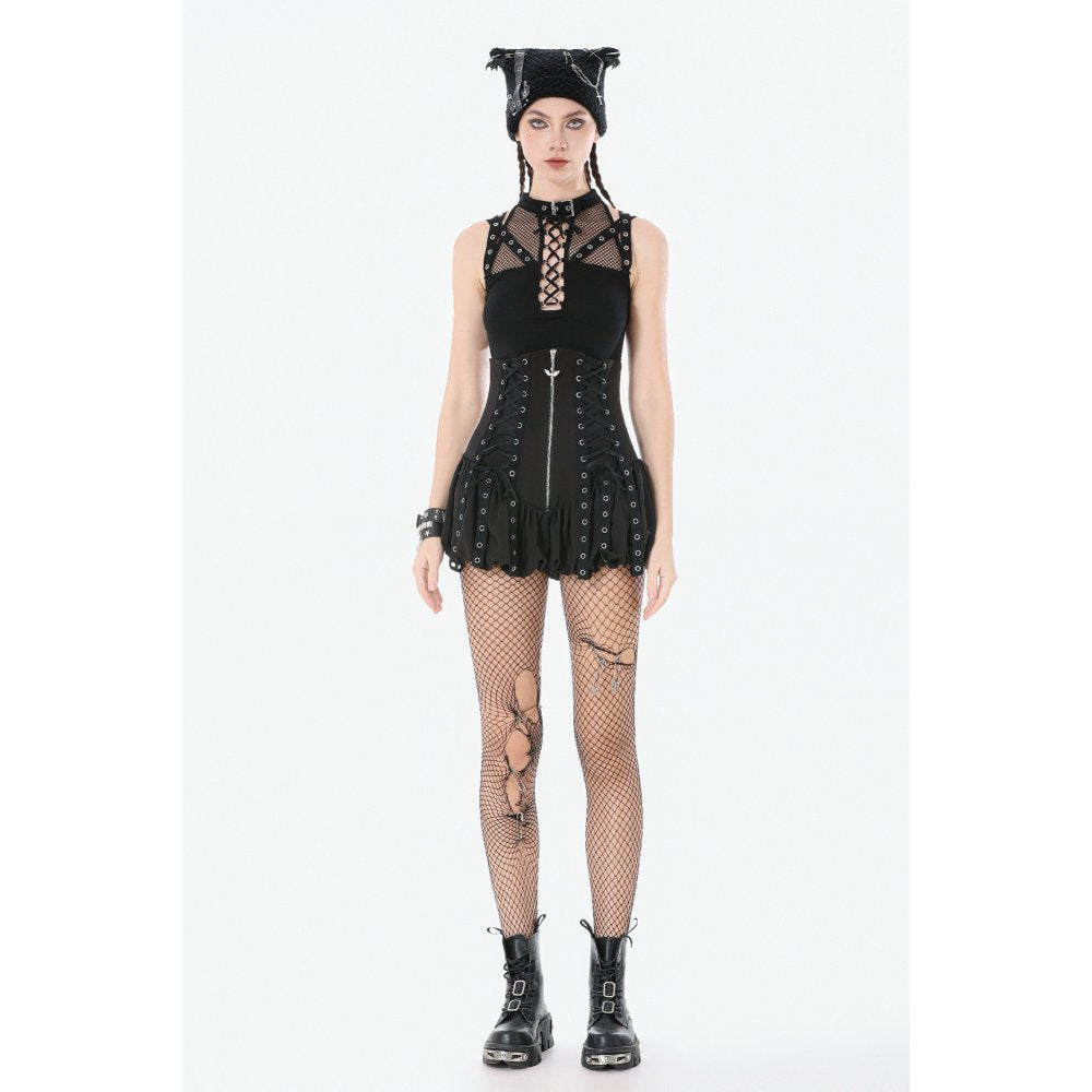 Schwarzes Oberteil Dark Punk Mesh Top mit Schnür-Details im Dark-Punk-Stil von Dark In Love