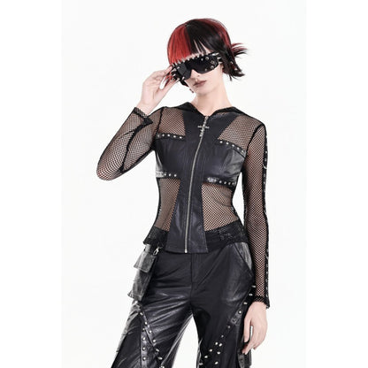 Schwarze Netzsweatshirtjacke Occult Matrix Mesh Hoodie mit Kunstledereinsätzen und Kreuzreißverschluss von Dark In Love