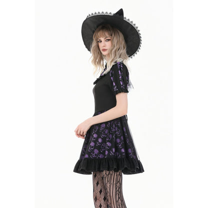 Schwarz/Lilanes kurzes Kleid, Purple Skull Whisper ist ein Dark-Lolita-Kleid mit Totenkopf-Print von Dark In Love