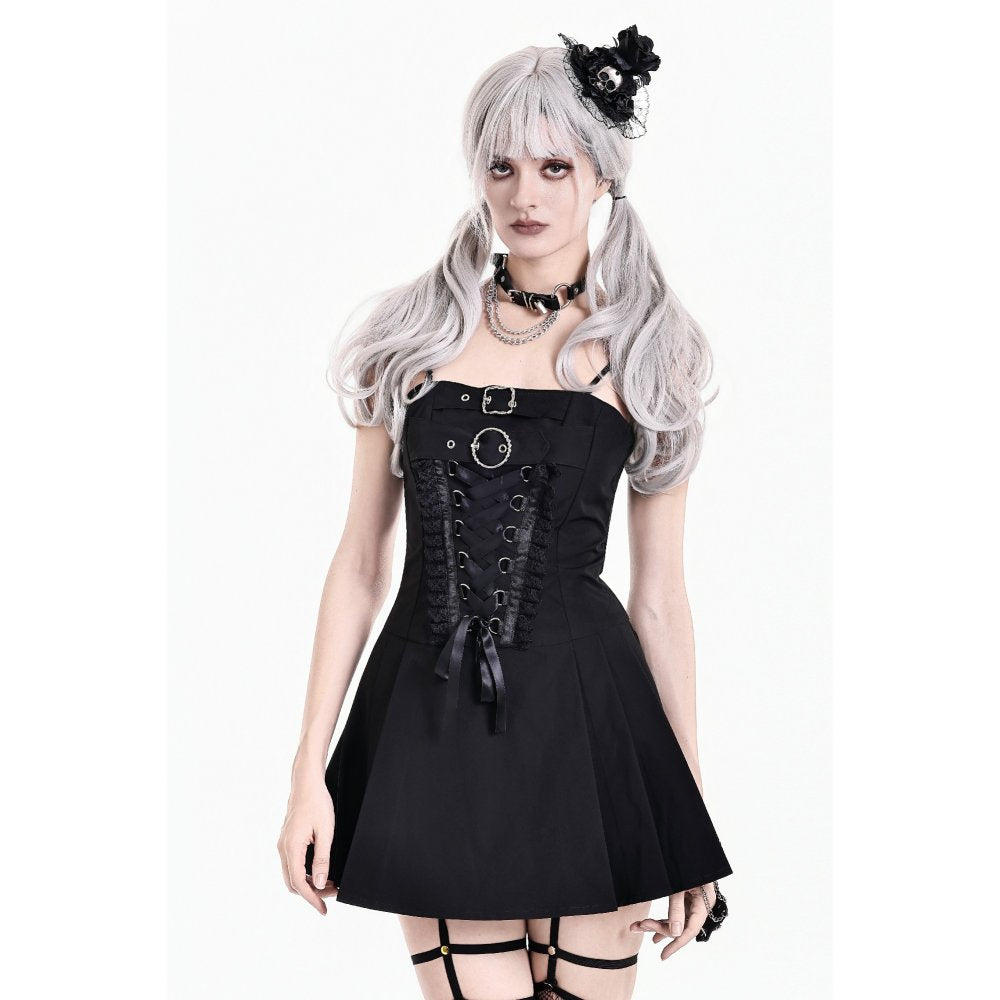 Schwarzes, kurzes Kleid Chilled Cord Key Dress mit Schnürung vorn und großen Zierschnallen von Dark In Love