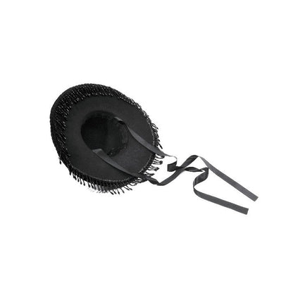 Schwarzer, kleiner Hut Vintage Lace Feather Mini Hat mit Spitzen-, Perlen und Blumendetails von Dark In Love