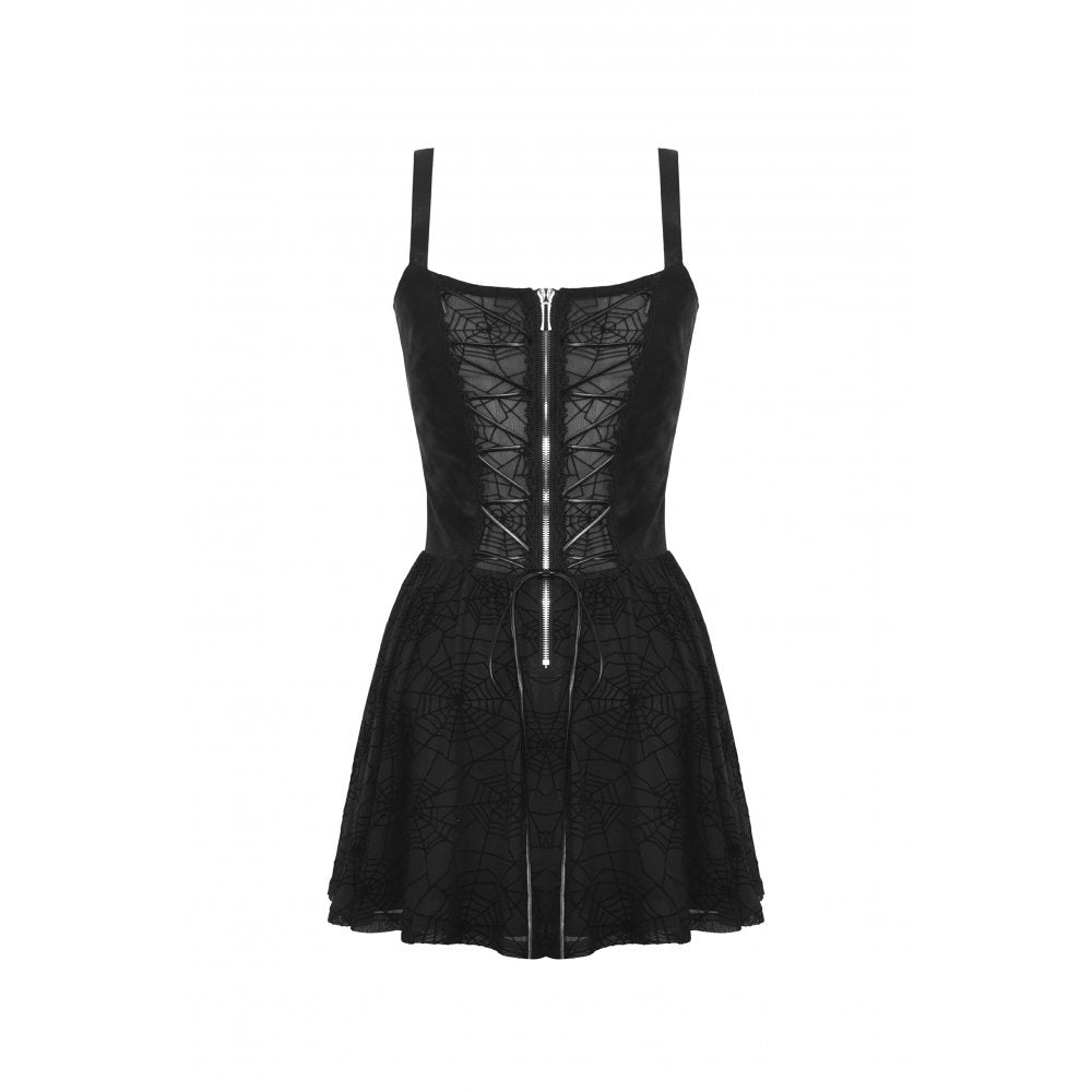 Schwarzes kurzes Trägerkeid, Punk Spider Mesh Dress im Punk-Stil mit transparenter Spinnennetz-Optik von Dark In Love