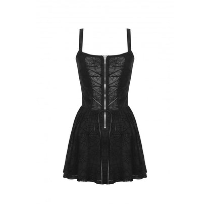 Schwarzes kurzes Trägerkeid, Punk Spider Mesh Dress im Punk-Stil mit transparenter Spinnennetz-Optik von Dark In Love