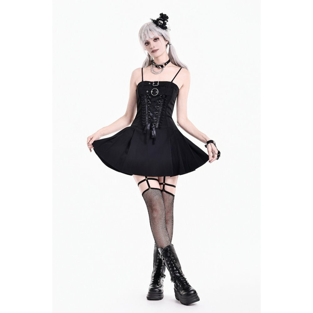 Schwarzes, kurzes Kleid Chilled Cord Key Dress mit Schnürung vorn und großen Zierschnallen von Dark In Love