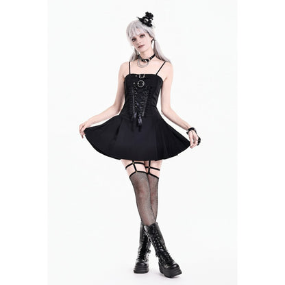 Schwarzes, kurzes Kleid Chilled Cord Key Dress mit Schnürung vorn und großen Zierschnallen von Dark In Love