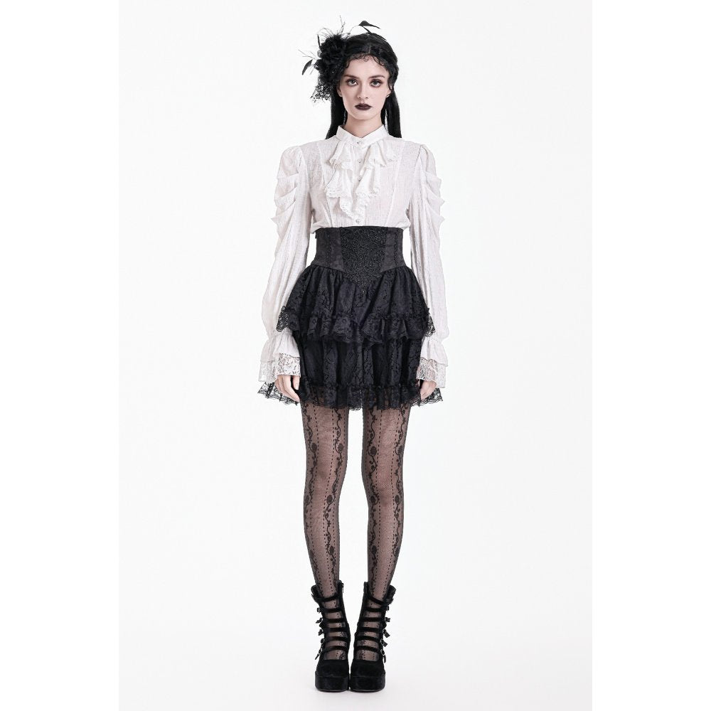 Schwarzer Mini-Rock Dark Crown Nocturne Skirt mit barocker Spitzenapplikation und Rüschen von Dark In Love