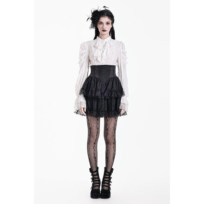 Schwarzer Mini-Rock Dark Crown Nocturne Skirt mit barocker Spitzenapplikation und Rüschen von Dark In Love