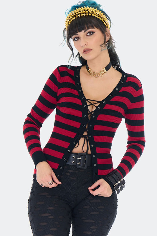 Schwarz/Rote Strickjacke Striped Red Lace Up Cardigan mit Schnürung an der Vorderseite von Jawbreaker