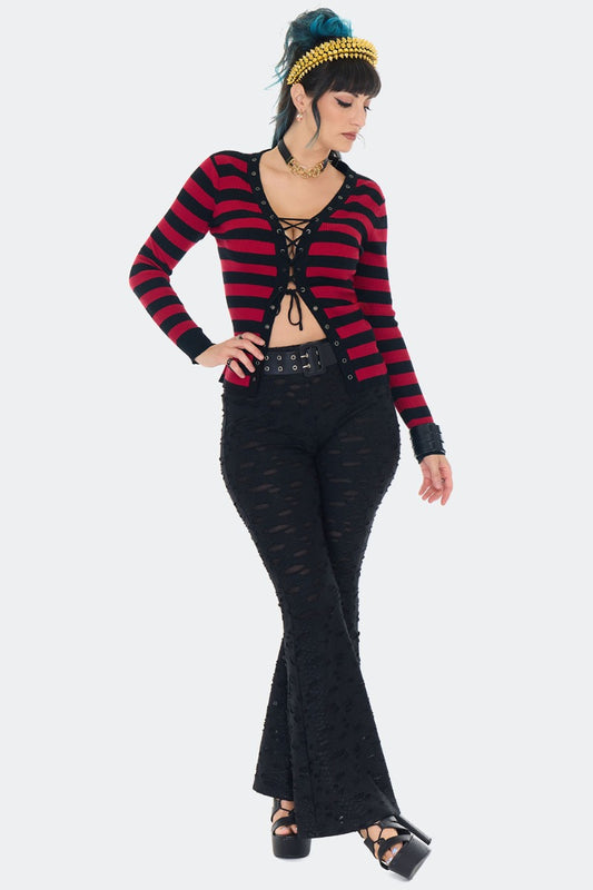 Schwarz/Rote Strickjacke Striped Red Lace Up Cardigan mit Schnürung an der Vorderseite von Jawbreaker