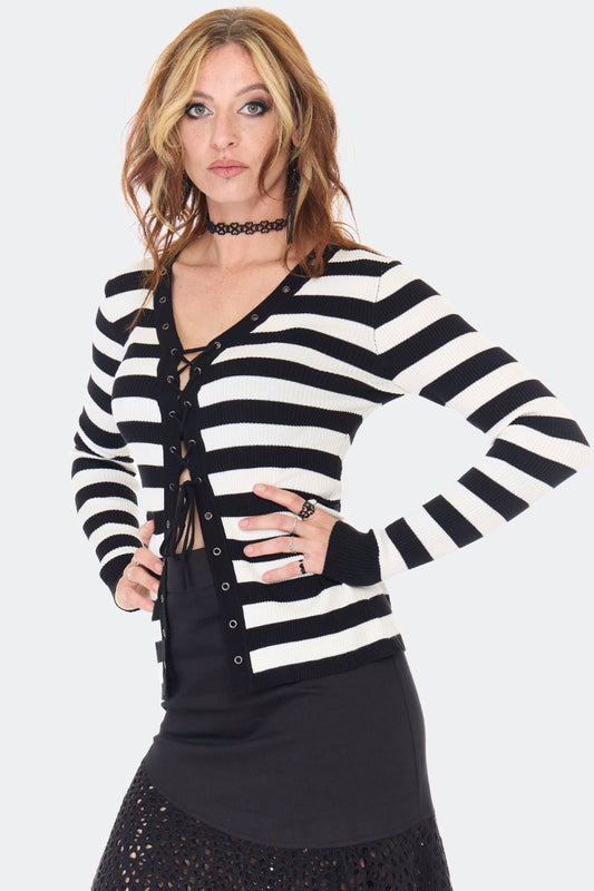 Schwarz/Weiße Strickjacke Striped White Lace Up Cardigan mit Schnürung an der Vorderseite von Jawbreaker