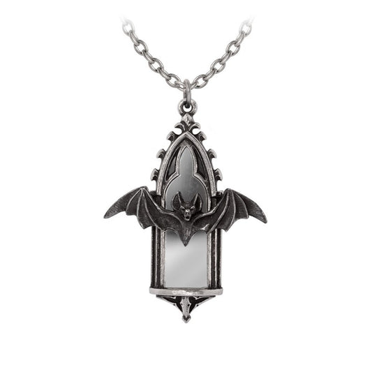 Silberfarbene Halskette Call Of The Undead Kette in Form eines Kathedralenfensters mit einer schwarzen Fledermaus von Alchemy