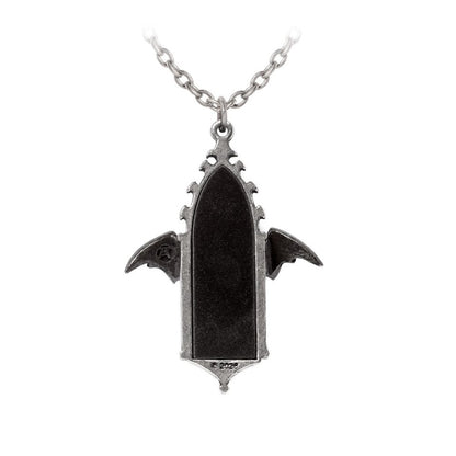 Silberfarbene Halskette Call Of The Undead Kette in Form eines Kathedralenfensters mit einer schwarzen Fledermaus von Alchemy