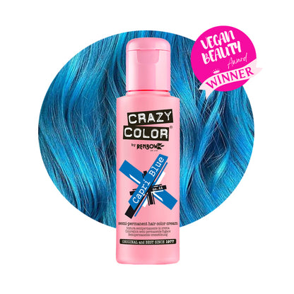 Flasche und Beispielsträhne CAPRI BLUE Haartönung Crazy Color
