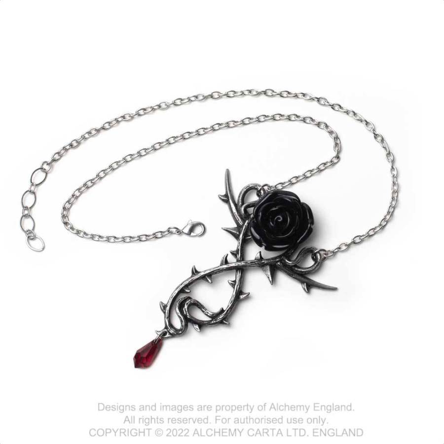 Silberfarbende Kette Carpathian Rose mit schwarzer Rose, Dornenranken und rotem Kristall von Alchemy