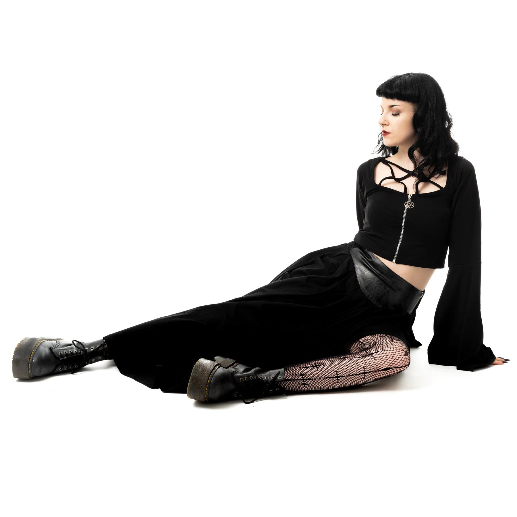 Schwarzer langer Rock CATHEDRAL MAXI SKIRT mit Kunstlederelementen von Vixxsin