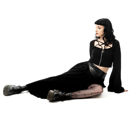 Schwarzer langer Rock CATHEDRAL MAXI SKIRT mit Kunstlederelementen von Vixxsin