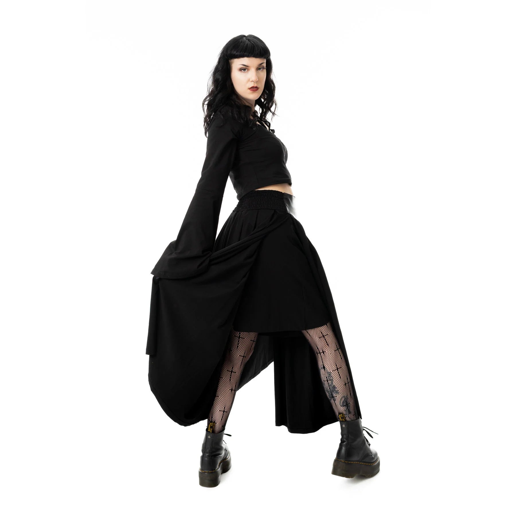 Schwarzer langer Rock CATHEDRAL MAXI SKIRT mit Kunstlederelementen von Vixxsin
