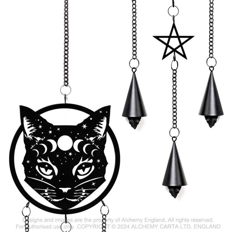 Schwarzes Windspiel Celestial Cat Hängedeko mit Katzengesicht mit Mondphasen, Sternen, sowie drei Glocken von Alchemy