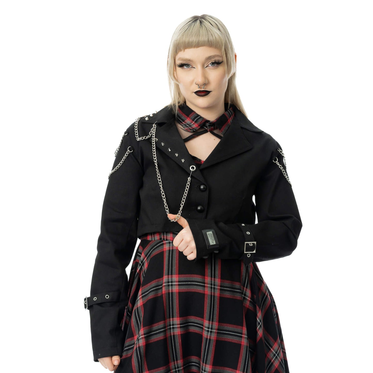Schwarze, kurz geschnittene Jacke CERISE JACKET mit Nieten und Zierketten von Vixxsin