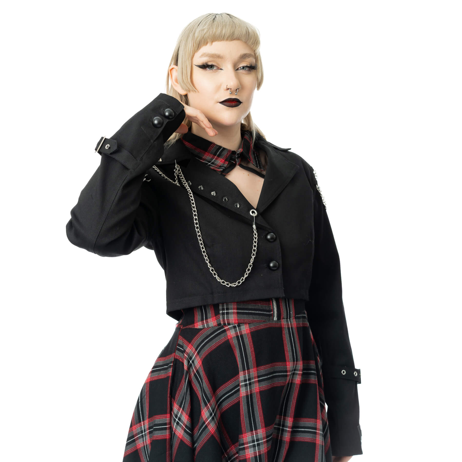 Schwarze, kurz geschnittene Jacke CERISE JACKET mit Nieten und Zierketten von Vixxsin