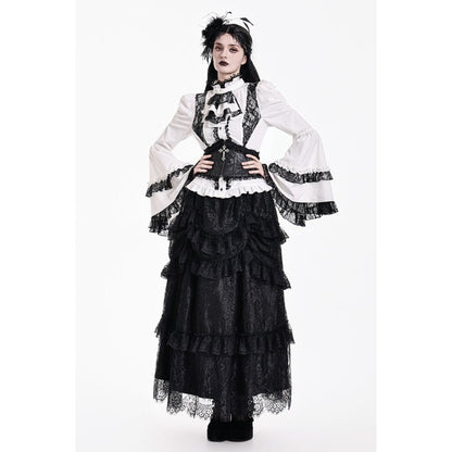 Weiße Bluse Chiaroscuro Symphony Blouse mit schwarzen Spitzendetails und Glockenärmeln von Dark In Love