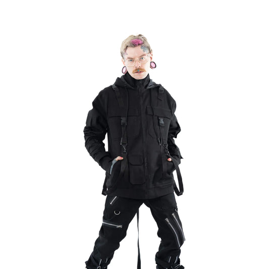 Schwarze Jacke CICERO JACKET mit vielen Riemen, Schnallen und Taschen von Chemical Black