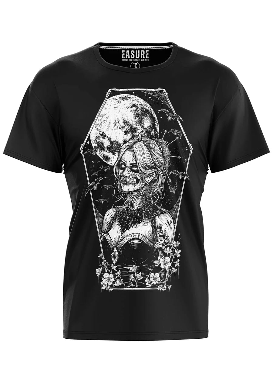 Schwarzes Oberteil COFFIN GIRL Shirt mit großem Zombiefrauenprint von Easure
