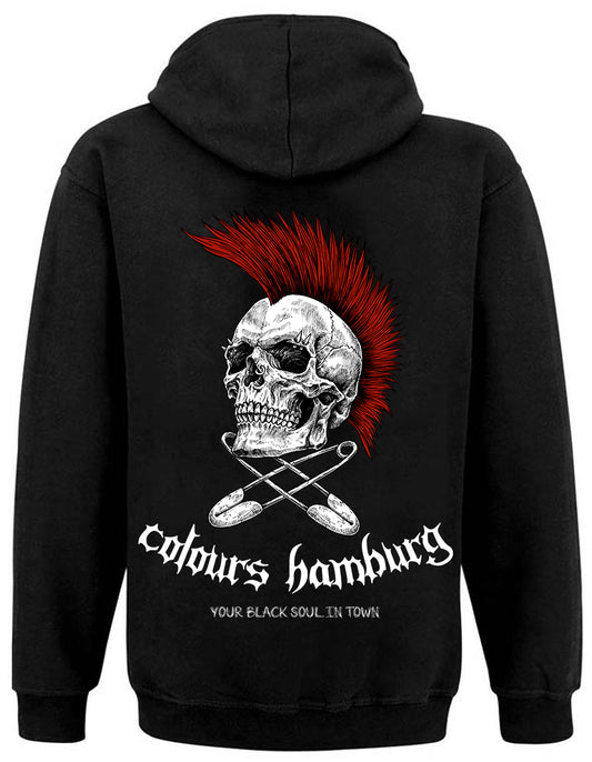 Rückseite Colours-Hoodie mit Kapuze, kleinem Logo-Druck vorn und großem Red Skull-Print auf dem Rücken