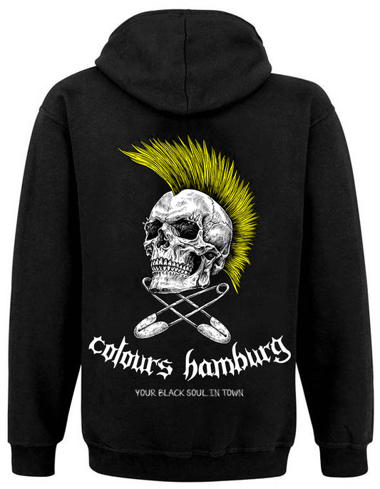Rückseite Colours-Hoodie mit Kapuze, kleinem Logo-Druck vorn und großem Yellow Skull-Print auf dem Rücken