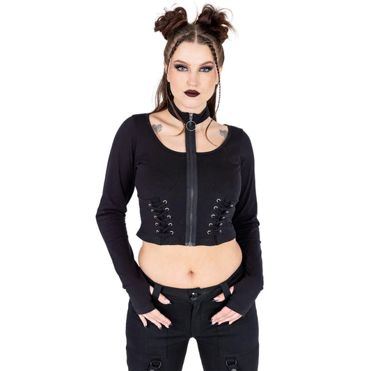 Schwarzes, langärmliges COSMO TOP mit Reißverschluss, Zierschnürung und Choker von Vixxsin