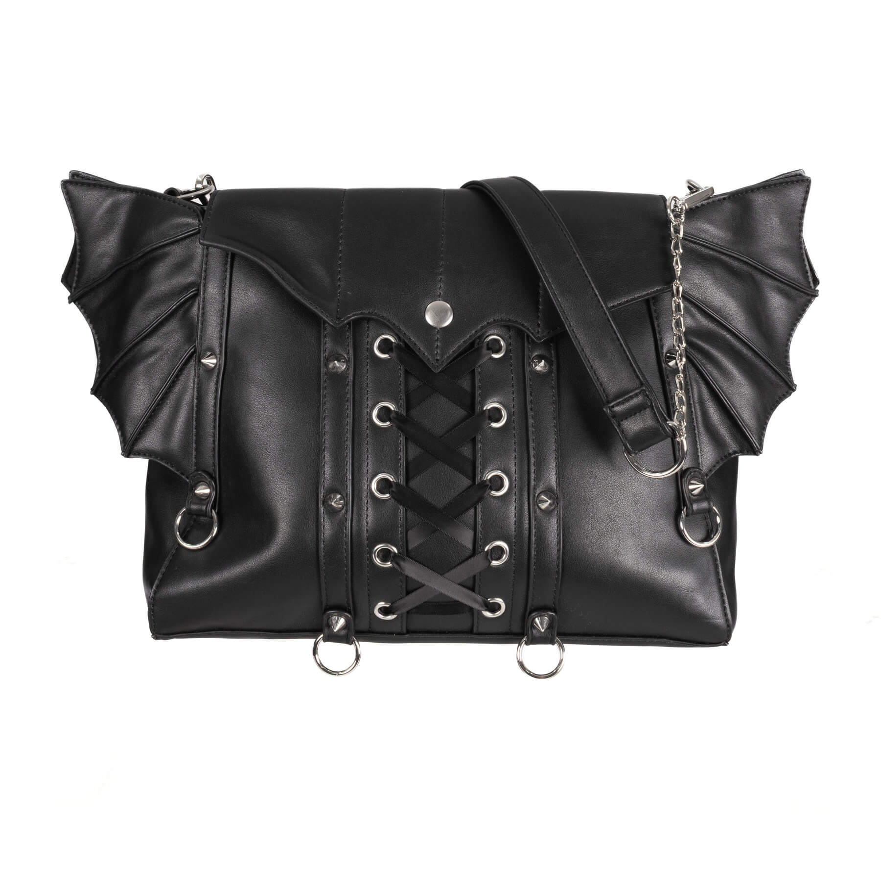 Schwarze Umhängetasche COVENWING BAG mit Fledermausflügeln von Poizen Industries