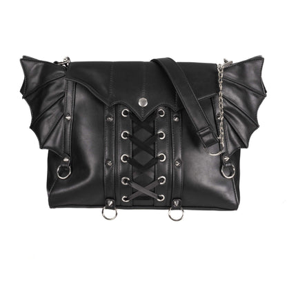 Schwarze Umhängetasche COVENWING BAG mit Fledermausflügeln von Poizen Industries