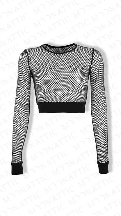 Schwarzes, langärmliges, bauchfreies Netzoberteil Crop Top Fishnet von Moon Attic