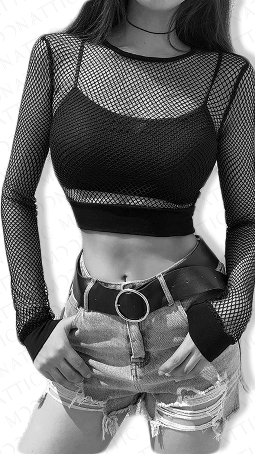 Schwarzes, langärmliges, bauchfreies Netzoberteil Crop Top Fishnet von Moon Attic