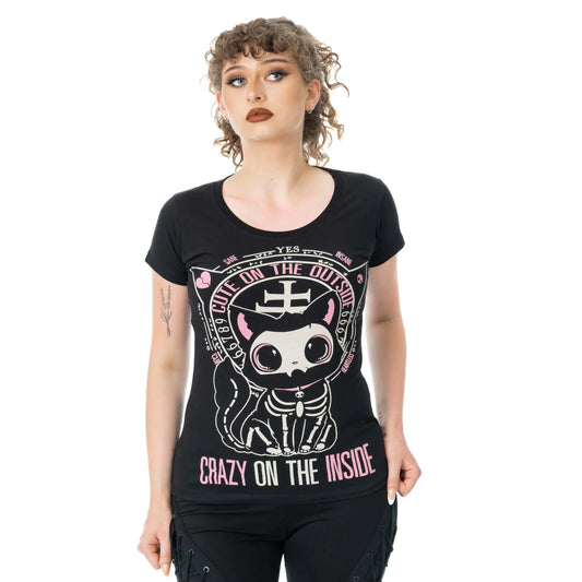 Schwarz-pinkes Oberteil CUTE ON THE OUTSIDE T SHIRT mit niedlichem Katzenprint von Cupcake Cult