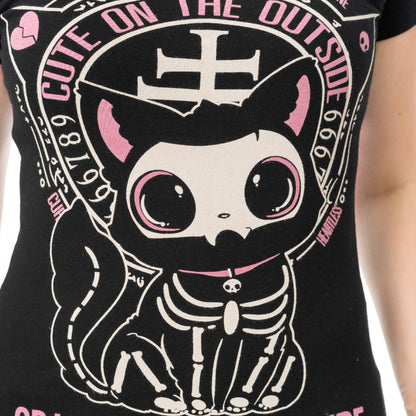 Schwarz-pinkes Oberteil CUTE ON THE OUTSIDE T SHIRT mit niedlichem Katzenprint von Cupcake Cult
