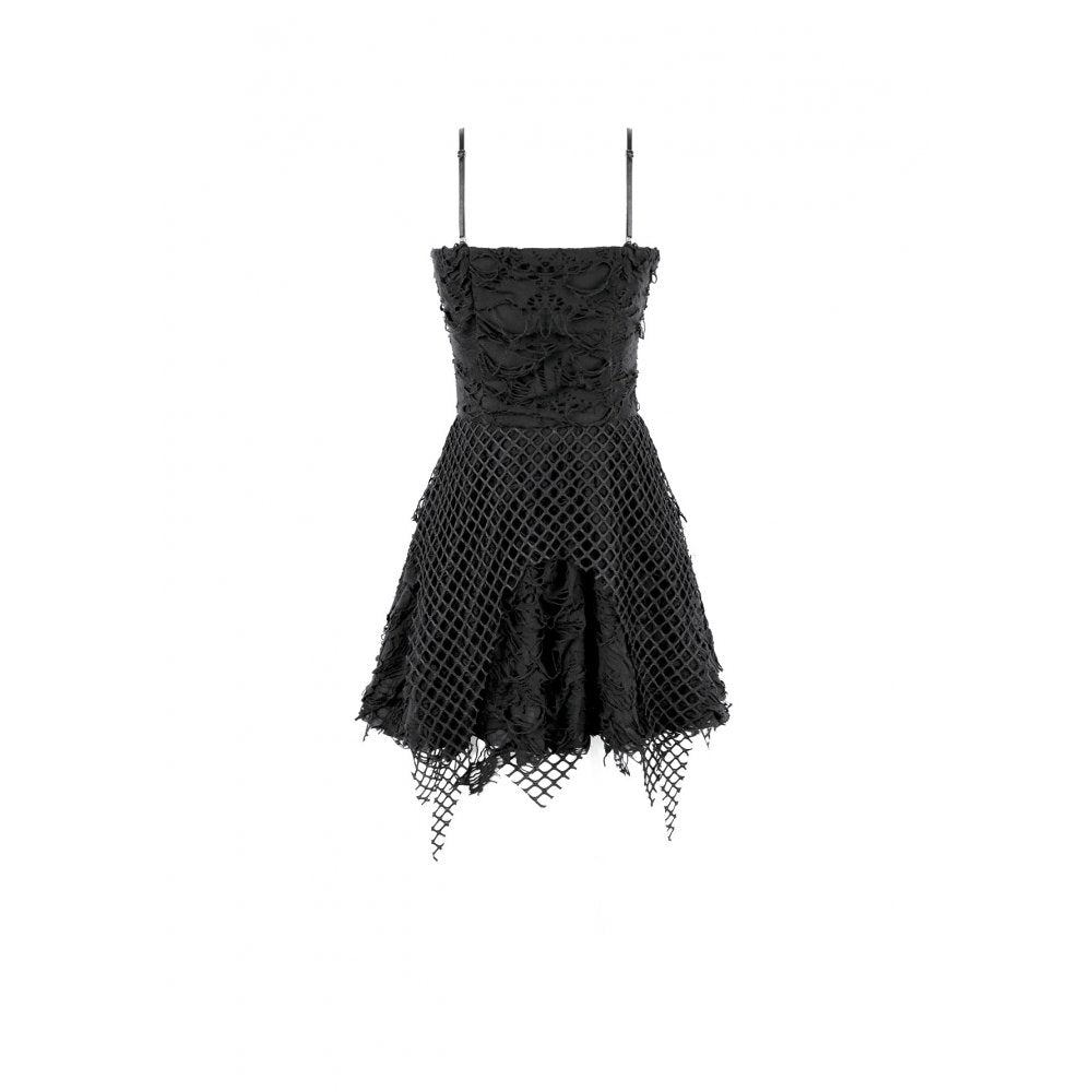 Schwarzes, kurzes Kleid Wasteland Fission Dress im Distressed-Look mit Zierketten und Kreuzanhänger von Dark In Love