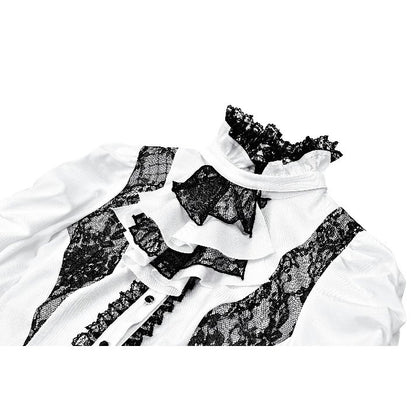 Weiße Bluse Chiaroscuro Symphony Blouse mit schwarzen Spitzendetails und Glockenärmeln von Dark In Love