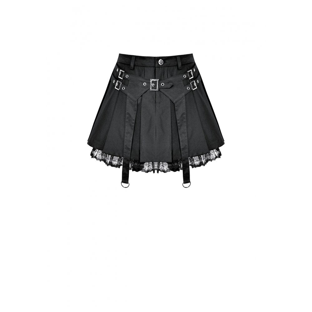 Schwarzer Mini-Rock Hardware Matrix Skirt mit Schnallendetail und Spitzensaum von Dark In Love