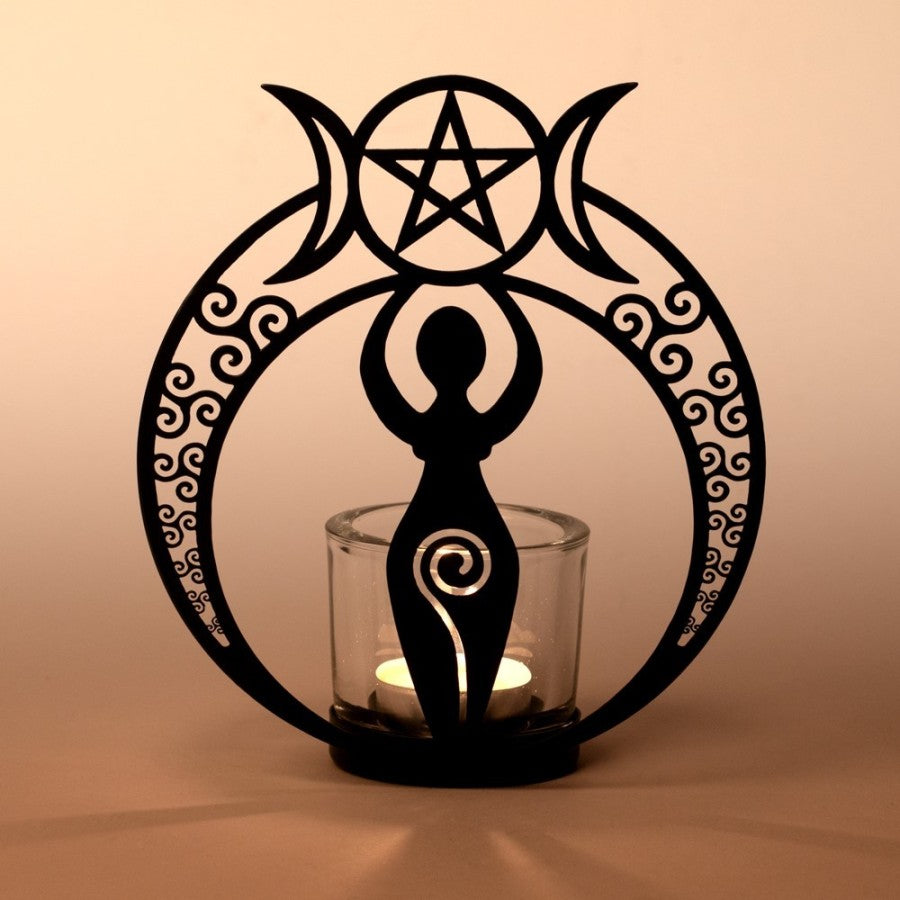 Eindrucksvoller Teelichthalter DANU GODDESS Tealight Holder aus schwarz beschichtetem Eisen und gehärtetem Glas von Alchemy