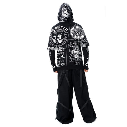 Schwarzer Kapuzenpullover DARK ACADEMIA HOOD mit diversen okkulten Motiven und Daumenlöchern von Heartless