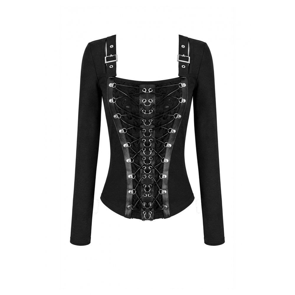 Schwarzes, langärmliges Oberteil Steel-Bonded Tendril Top mit Schnürungen vorne und Kunstlederdetails von Dark In Love