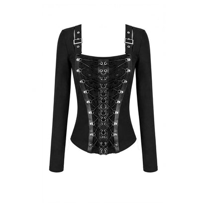 Schwarzes, langärmliges Oberteil Steel-Bonded Tendril Top mit Schnürungen vorne und Kunstlederdetails von Dark In Love