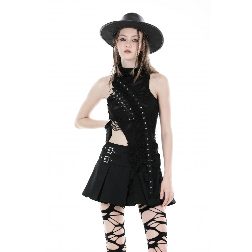 Schwarzes Oberteil Punk Asymmetric Shirt mit seitlicher Schnürung von Dark In Love