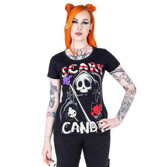 Schwarzes DEATH CANDY TSHIRT mit niedlichem Sensemann und bunten Fledermäusen von Cupcake Cult